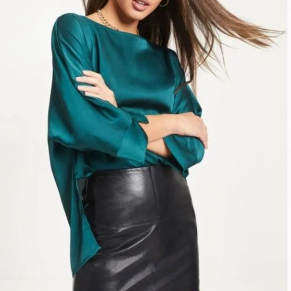 NWT She + Sky Green Satin Side Slit Top